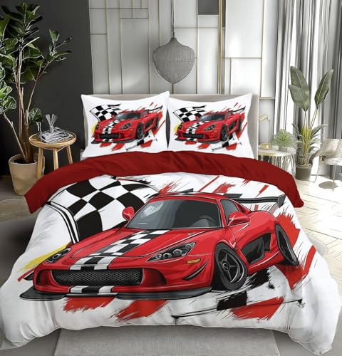 TDNEKMCA Bettwäsche 135x200cm Rot Weiß Bettgarnitur - Bettwäsche Sets Microfaser Bettbezug mit Kissenbezug Knitterfrei Auto Kariert Deckenbezug mit Reißverschluss