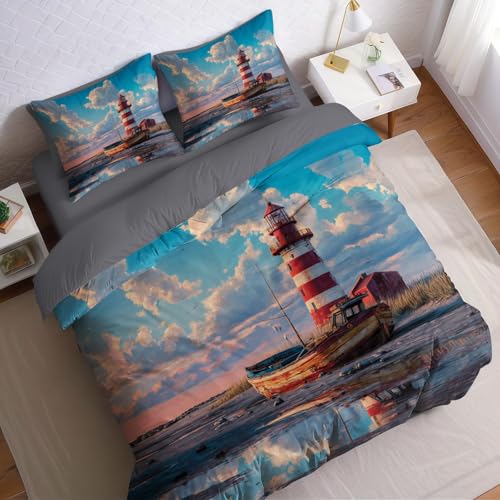 Blau Bettwäsche Set 200 x 200 cm Roter Leuchtturm am Strand 3 teilig Polyester Baumwolle Bettbezug weich bügelfrei für Allergiker Teenager Erwachsene