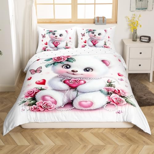 Loussiesd Kinder Niedlicher Bär Bettwäsche Set 200x200cm Rosa Schmetterling Liebesherz Bettbezug für Kinder Mädchen Jungs Blumen Blümchen Betten Cartoon Kawaii Tiermuster Bettwäsche-Set