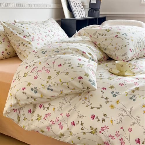 ZBOOM Bunt Blume Bettwäsche 135x200cm 2teilig Weich Baumwolle Bettwäsche Blumen und Blätter Muster Kinder Wendebettwäsche Set Mädchen Bettbezug Set Weiß Rosa mit 1 Kissenbezug 80x80