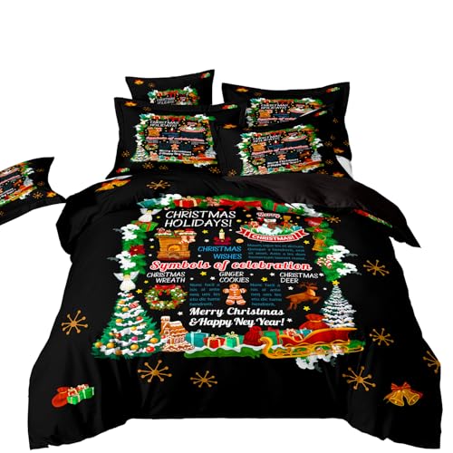 RZPFQB Weihnachten Kinder Bettwäsche 155x220 Bettwäsche Set für Teens Jungen Mädchen Kinderbettwäsche Weihnachtsbaum Bettbezug Set Schwarz Microfaser Bettwäscheset