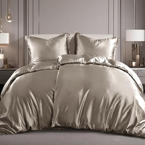 RUIKASI Satin Bettwäsche 135x200 4teilig - Seidig Bettbezug Taupe mit Glanz wie Seiden Bettwäsche Set Braun für Haar und Haut, Glänzend Bettwäsche 135x200cm mit Reißverschluss und Kissenbezug 80x80cm