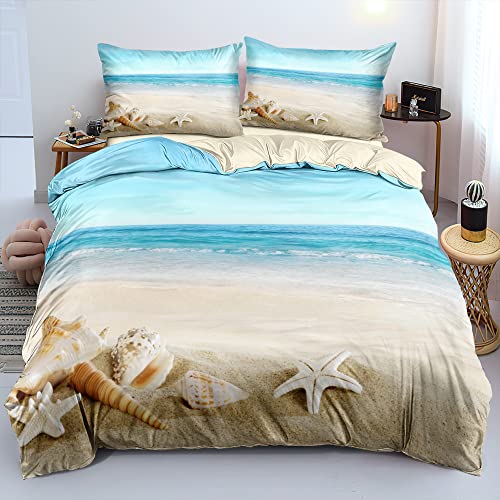 Gezu Maritime Bettwäsche 200x220cm Meer Strandmotiv Muschel Blau Wende Bettwäsche Set 3D Effekt Druck Bettbezug und 2 Kissenbezüge 80x80cm mit Reißverschluss