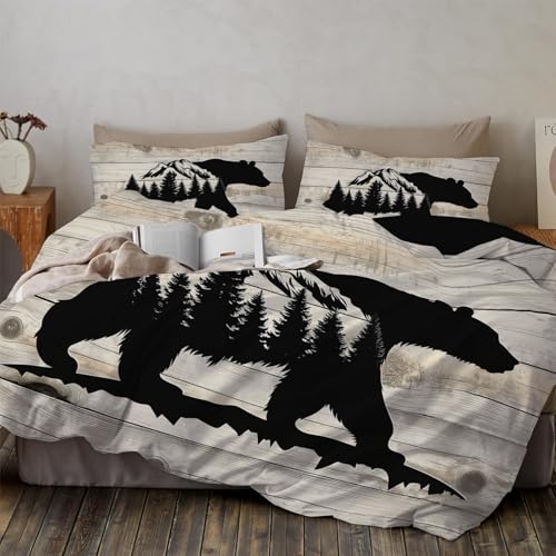 TDNEKMCA Bettwäsche 135x200cm Schwarz Bettbezug Set Microfaser Bärensilhouette Landhausstil Wende Bettwäsche Deckenbezug mit Reißverschluss und Kissenbezug 80x80 cm