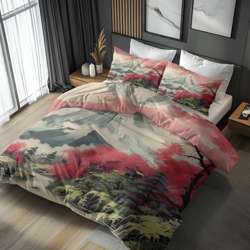 Generisch Bettwäsche 140x200 Orientalisch Japanisch - Schlafzimmer Deko Bettbezug 140 x 200 2tlg Kirschblüten Berg Landschaft Muster, 1 Kissenbezug 70x90, mit Reißverschluss, Weich Mikrofaser DB#132