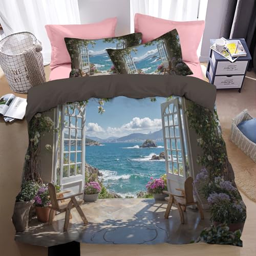 Bettwäsche 200*200cm hellblau Sonnige Fenster Bettbezug Set 3 Teilig Wunderschöner Blick aufs Blumenmeer Blümchen Blumenmuster Weich Bettwäsche-Sets mit 2 Kissenbezüge 80x80 cm und Reißverschluss