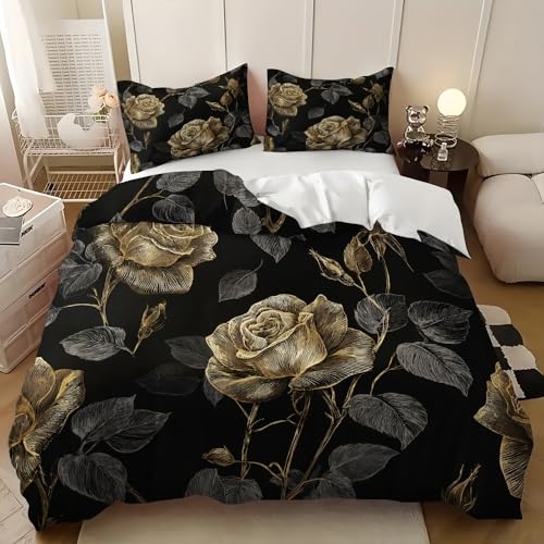 3 Teilig Bettwäsche-Set für Doppelbett LuxuriöSe RosenblüTen Extra Weiches Bettwäsche-Set, Allergiker Bettbezüge Schwarz Und Gold Microfaser Bettbezug 240x220 cm mit 2 Kissenbezug