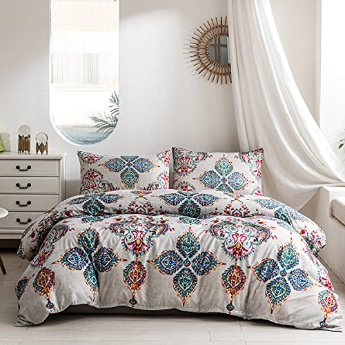 Damier Bohemian Bettwäsche 200x200cm Türkis Boho Indische Mandala Deckenbezug mit Verdecktem Reißverschluss und 2 Kopfkissenbezüge 80 x 80 cm Weiche Microfaser Bettbezug Set 3 Teilig