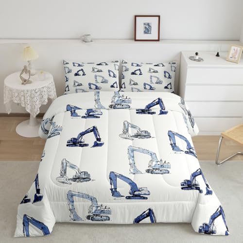 Feelyou Bau-Bettwäsche-Set für Kinder, Ausrüstung, LKW, Tröster-Set, Baufahrzeuge, Bettdecke für Raumdekoration, weiß-blau, Bettbezug-Set mit 1 Kissenbezug