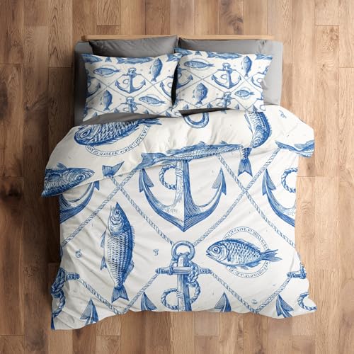 Generisch 140x200 Bettwäsche Nautisch Bettbezug - 2tlg, 1 Kissenbezug 70x90, Ankere Meer Muster, Schlafzimmer Deko, Weiche Mikrofaser Wendebettwäsche mit Reißverschluss - XT647