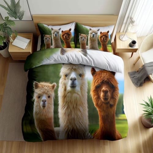 Bettwäsche 155 x 220 cm Drei süße Alpakas Bettgarnitur - Wende Bettwäsche Sets Microfaser Bettbezug mit Kissenbezug, Bügelfrei & Knitterfrei Tiere im Landhausstil Deckenbezug mit Reißverschluss