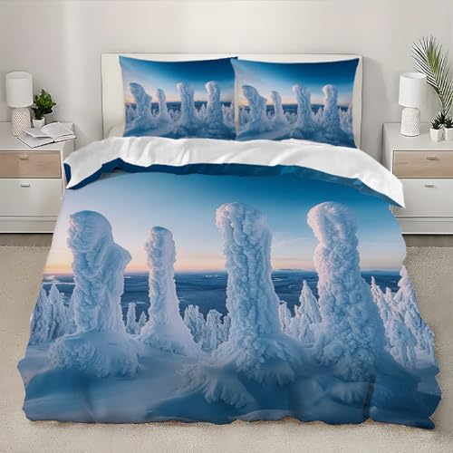 3D-Druck Bettwäsche 135x200 cm Atmungsaktivem Mikrofaser Finnland Winterschneeszene Bettbezüge, Superweiches Hypoallergen Bettbezug Hellblau 3 teilig Mit Kinder Jugend Bettwäsche