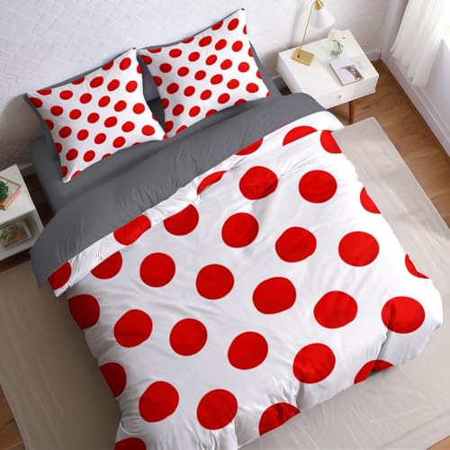 Rot Bettwäsche Set 155x220 cm 3 teilig Mikrofaser 3D Bettbezug Geometrische Punkte mit Reißverschluss inklusive 2 Kissenbezüge für Kinder Teenager Allergiker Bettwäsche