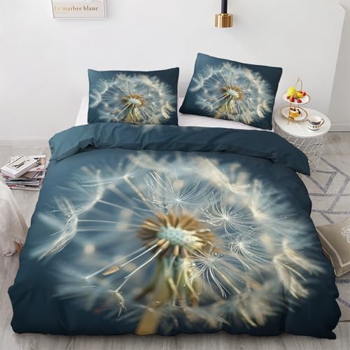 Traulpex Löwenzahn Bettwäsche Set 200x220cm 3 teilig, Naturthema Bettbezug mit Reißverschluss, Weich & Bügelfrei, Botanisch Pusteblume Bettwäsche Microfaser mit 2 Kissenbezug 80x80 cm
