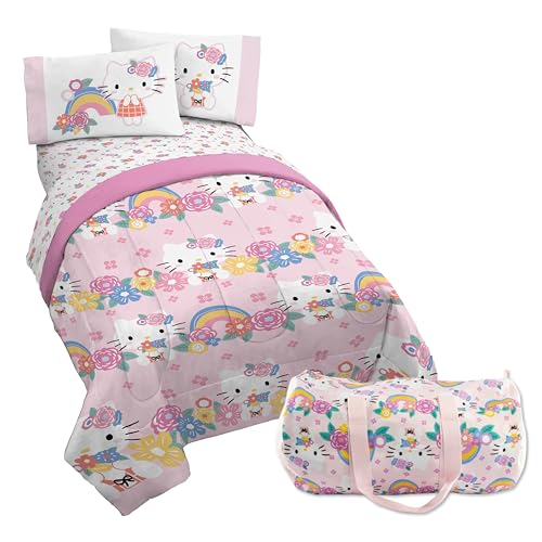 Jay Franco Hello Kitty Bettwäsche-Set für Doppelbetten – 4-teiliges Bettwäsche-Set mit Blumenmuster, inkl. Bettlaken-Set, Kissenbezüge und Bonus Seesack – superweiche Bettwäsche