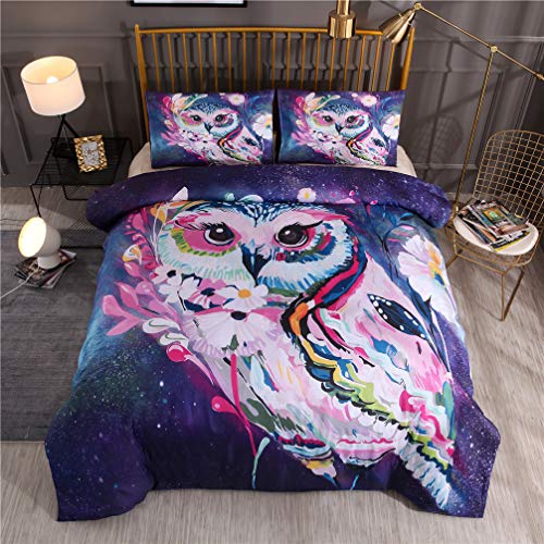 Bettwäsche für Kinder Einzelbett Bettbezug 135x200 und Kissenbezug 50x75 Galaxy Star Theme 3D Tier Katze Wolf Hund Eule Junge Mädchen Polyester (Eule)
