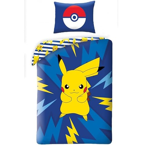 Halantex Wendebett-Set POKEMON PIKACHU ELEKTRISCH – Einzelbett 2-teilig Bettbezug 140 x 200 cm und Kissenbezug 70 x 90 cm – 100% Baumwolle Ökö-Tex Standard 100
