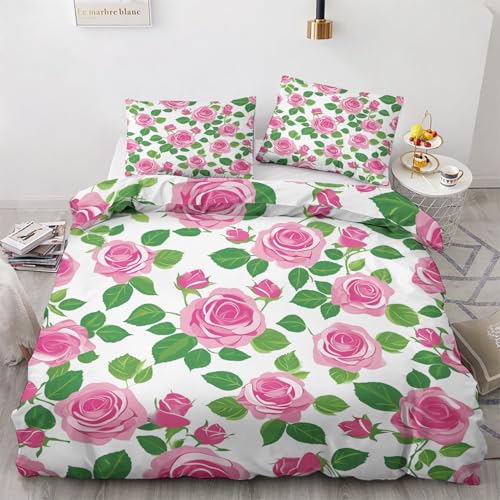 Traulpex Rosenmuster Bettbezug 155x220cm 3 teilig, Romantisch Blumen Trösterbezug mit Reißverschluss, Weich & Bügelfrei, Landhaus Blüten Bettwäsche Set Microfaser mit 2 Kissenbezug 80x80 cm