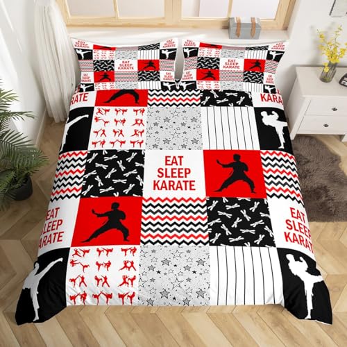 Karate Bettbezug Set S Größe,Japanische Karate Sport Tröster Abdeckung Kinder Teens Männer Zimmer Dekor,Rot Weiß Schwarz Bettwäsche Set Geometrie Sterne Streifen Plaid Quilt Cover,1 Kissenbezug