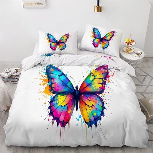 Bettbezug 155x220 Bunt, Bettwaesche Schmetterling, Weich Atmungsaktiv Mikrofaser Bettwäsche Set mit Reißverschluss, 1 Bettbezüge und 2 Kissenbezüge 80x80 cm