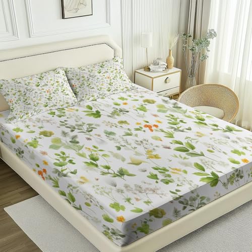Mikrofaser Grün Spannbetttuch Weiche Atmungsaktiv, Einfach Elegant Blätter Print Spannbettlaken Tiefe Tasche 30 cm Pflegeleicht, 160 x 200 cm Print Dekorative Bettwäsche