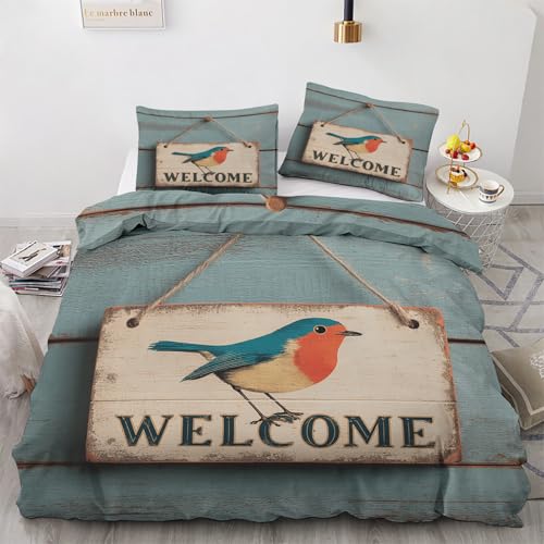 Vogel Welcome Schild Bettwäsche 200x200cm 3 teilig, Vintage Vogel Bettbezug mit Reißverschluss, Weich & Bügelfrei, Landhaus Vögel Bettwäsche Set Microfaser mit 2 Kissenbezug 80x80 cm