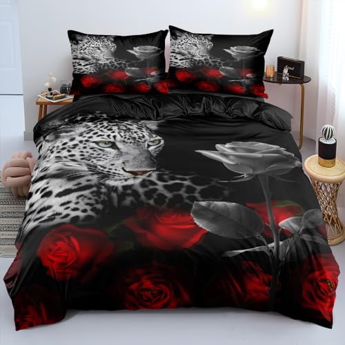 DXHOME Leoparden Bettwäsche 155x220 Tiermotiv Leopard 3D Effekt Rot Rosen floral Muster Weich Mikrofaser 3 teilig für Jugendliche Jungen Kinder mit Reißverschluss und 2 Kissenbezüge 80x80 cm