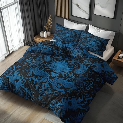 Generisch Mikrofaser Bettwäsche 200x200 Chinesischer Drache 3tlg - Asiatisch Orientalisch Japanisch Wendebettwäsche Deko, Weiche Bügelfreie Bettbezug mit Reißverschluss, 2 Kissenbezug 80x80 AC87