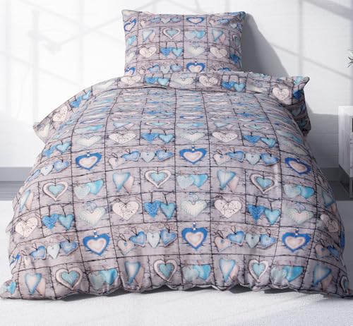 Heubergshop 2-teilige Seersucker Bettwäsche 155x220cm und 80x80cm - Landhaus Love Liebe Herzen - Bettgarnitur aus 100% Baumwolle, bügelfrei (EW-358-2)