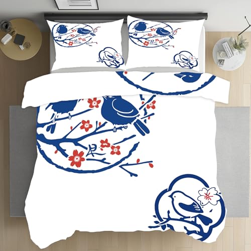 Gklnmcx Blau Vögel Blumen Bettbezug Mikrofaser 90x190, Oriental Vintage Tiermotiv Bettwäsche mit Reißverschluss, Chinesische Stil Wendebettwäsche Weich 3teilig Mit Kissenbezug 80x80cm