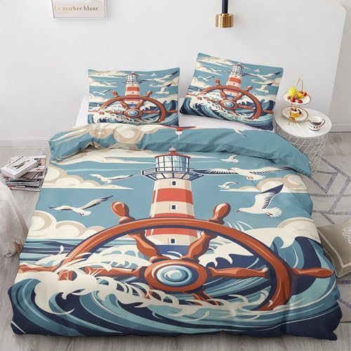 Luxfieo Nautisch Deko - Winter Bettwäsche 135x200 Nautisch, Leuchtturm Maritim Anchor Bettbezug 135 x 200 2er Set mit 1 Kissenbezug 80x80, Weiche Mikrofaser Winterbettwäsche mit Reißverschluss T&*179
