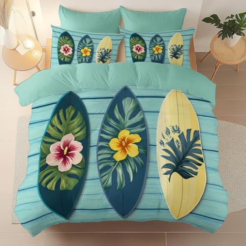 Bettbezug atmungsaktiver Hawaii Sommer Surfbrett Bettwäsche-Sets, Wendbar Pflegeleichte strapazierfähiger aus Mikrofaser Set Türkis mit Reißverschluss 180 x 200 cm