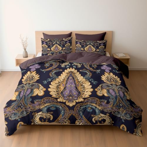 Bettwäsche 135 x 200 cm Mikrofaser Bettbezug, Elegant Kunst Altindien Muster Wende-Bettwäsche-Set, Bettbezug und 1 x Kissenbezüge Atmungsaktiv Maschinenwaschbar, Mauve