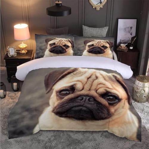 Mops Kinder Bettwäsche 155x200 Welpe 3 Teilig Bettbezug 155 x 200 cm 3D Bettwäsche-Sets Weiche Bettbezug Set Tierhund Bettbezüge Set und 2 Kissenbezüge a.1856