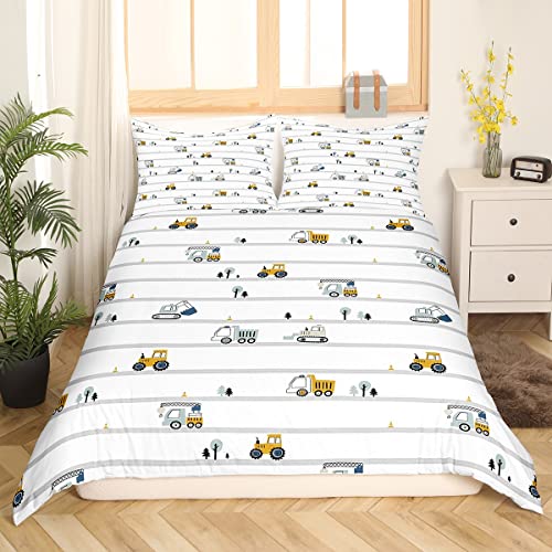 Karikatur Auto Kinder Bettwäsche 135x200 Bau Bagger Traktor Bettwäsche Set für Jugend Jungen Mädchen Schlafzimmer Dekor Karikatur Ausrüstung Lkws Bettbezug Graue Streifen Weiß Gelb Bettbezug 2 Stück