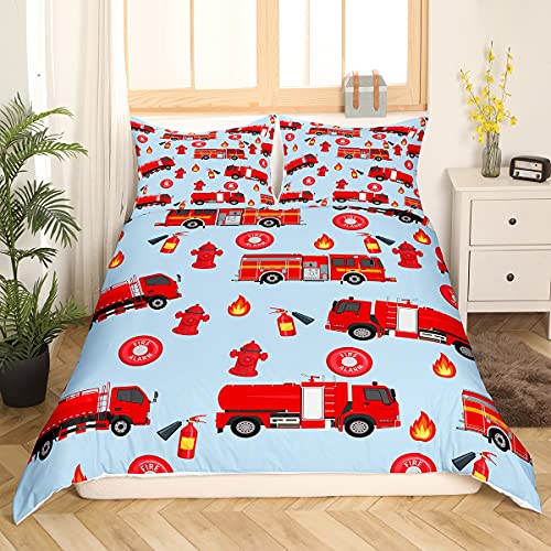 Loussiesd Kinder Auto Bettbezug Set Jungen Feuerwehr Bettwäsche Set 135x200cm Rotes Feuerwehrauto Fahrzeug Muster Betten Set für Mädchen Kinder Jugendliche Schlafzimmer Dekor Mit 1 Kissenbezug