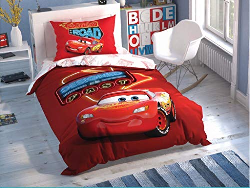 TAC 3-teiliges Bettwäscheset für Einzelbetten aus 100 % Baumwolle mit Disney-Cars-Motiv, glänzend (ohne Bettdecke)
