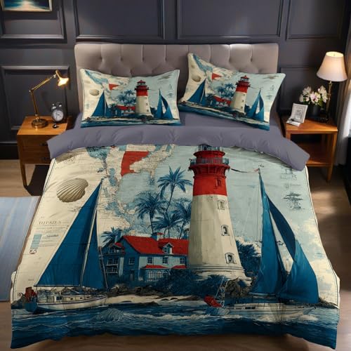 Retro Bettwäsche Set 200x200 cm 3 teilig Mikrofaser Bettbezug Meer-Leuchtturm-Teppich weiche Allergiker Bettwäsche mit Reißverschluss für Doppelbett