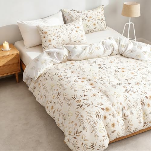 Covebett Bettwäsche 140x200 Beige Braun Blätter Blumen Vintage Pflanzen Muster Bettbezug Blümchen Aesthetic Mikrofaser Weich Wendebettwäsche-Sets 2teilig mit Reißverschluss und Kissenbezug 70x90cm