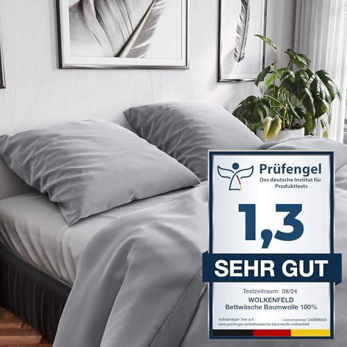 Wolkenfeld Bettwäsche 135x200 Baumwolle Hellgrau - Atmungsaktiv - Renforcé Bettwäsche-Set mit 1x Bettbezug 135 x 200 + 1x Kissenbezug 80x80 - Light Grey