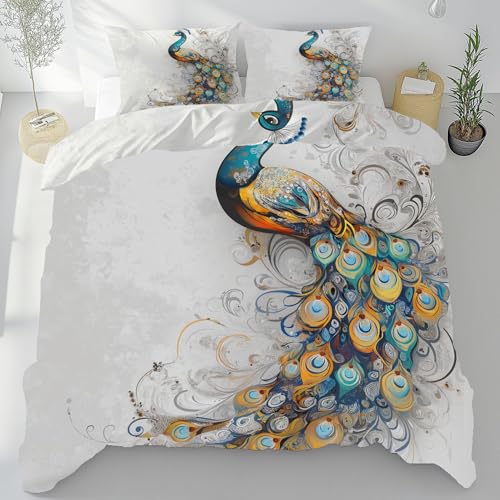 Meugesoi Tier Pfau Bettbezugs Set 155x220 cm, Orientalisch Aesthetic Bettwäsche Mikrofaser Weich Atmungsaktiv mit Reißverschluss, Bettbezug 155x220 cm mit 2 Kissenbezüg 80x80 cm