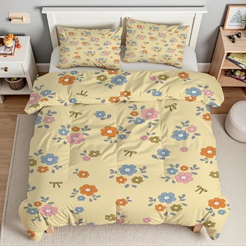 LLSZAHD Bettwäsche 155x220 Blumen Bettwäsche Set 3 Teilig BlüMchen Muster Bettbezug für Kinder, Microfaser Flauschig Weich Bettbezüge und 2 Kissenbezug 80x80 cm, mit Reißverschluss