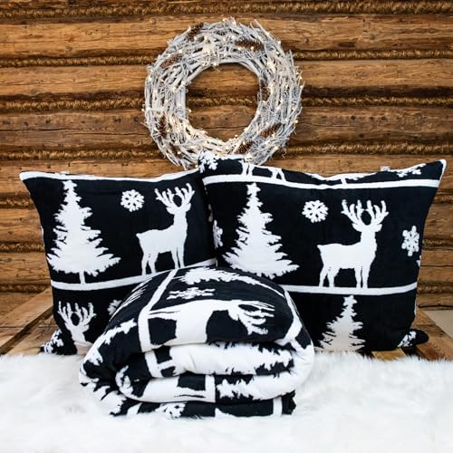 Cotton Market Bettwäsche 155x200 cm - Bettwäsche Mikrofaser, Weihnachts Bettwäsche - Bettwäsche-Sets 3 Teilig - Bettbezug 155 cm und 2 Kissenbezug 70x80 cm - Schwarz, Rentier