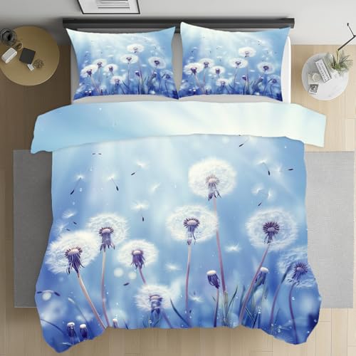 Bettwäsche 200x220 Geblümt Pusteblume Bettwäsche Set Weich Microfaser Kuschelige Bettwäsche, Botanischer Löwenzahn Wendebettwäsche Märchen Samen Bettbezug und Kissenbezug 80x80cm mit Reißverschluss