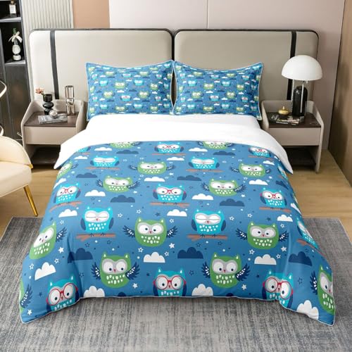 richhome 100% Natur Baumwolle Eule Bettbezug 135x200, Vögel Bettwäsche Set, Niedliche Sterne Wolke Muster Tröster Abdeckung Bettwäsche (kein Tröster)
