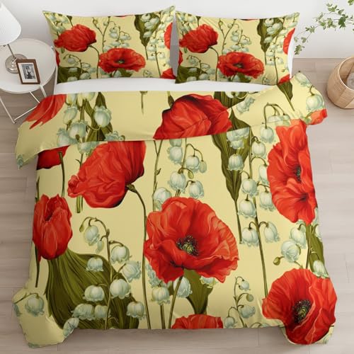 Frühling Landhausstil Rote Blumen Bettwäsche 135 x 200 cm Beige Hypoallergen Mikrofaser Bettbezug + 2 Kissenbezüge 80x80, 3 Teilig Deckenbezug mit Reißverschluss - Weich Atmungsaktiv Wendebettwäsche