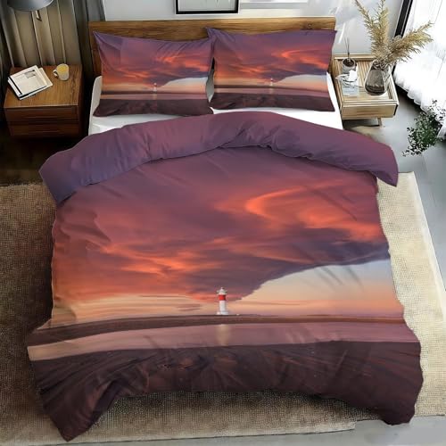 Bettwäsche 155x220 Romantisch Bettbezug 155x220 Leuchtturm Bettbezug mit 2 Kissenbezüge 80x80cm, Bettwäsche-Sets Microfaser mit Reißverschluss b1707