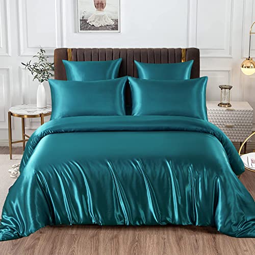 Luxus-Bettbezug aus Satin, 140 x 200 cm, Türkisblau + 1 Kissenbezug 65 x 65 cm, unifarben, Bettwäsche für Erwachsene, Jugendliche, Einzelbett, Seide, Satin, glänzend, mit Reißverschluss Luxus-Bettbezug aus Satin, 140 x 200 cm, Türkisblau + 1 Kissenbezug 65 x 65 cm, unifarben, Bettwäsche für Erwachsene, Jugendliche, Einzelbett, Seide, Satin, glänzend, mit Reißverschluss