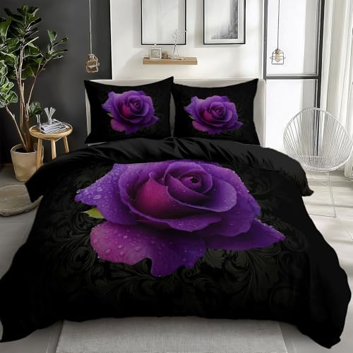Quixora Bettwäsche 155 x 220 cm Wende Bettbezug Set 3 Teilig, Schwarz, Muster Elegant Blumen Lila Rose, Weiche Microfaser Bettbezug mit Reißverschluss und 80x80cm Kissenbezug
