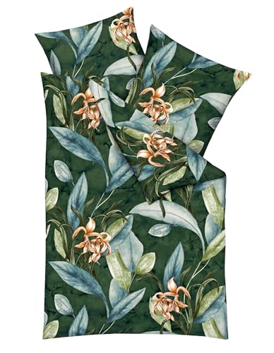 JACK by Kaeppel Fein Biber Bettwäsche 2 TLG. 135x200cm Asmara Allover Natur Jade Grün Blätter Reißverschluss, Farbe:Grün